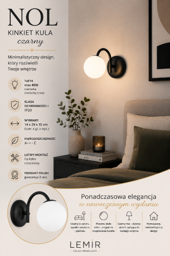 Stylowy kinkiet Lemir NOL 1xE14 zachwyca minimalistycznym designem oraz modnym połączeniem czarnego metalu i mlecznego szkła. Idealnie sprawdzi się w salonie, sypialni, przedpokoju oraz nowoczesnym gabinecie.