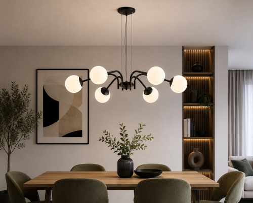 Lampa wisząca NOL Lemir zachwyca eleganckim połączeniem czarnego metalu i białych kulistych kloszy. Regulowana wysokość oraz podział świecenia 3+3 zapewniają wygodę użytkowania i wyjątkowy efekt dekoracyjny.