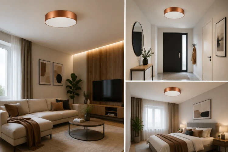 Nowoczesny plafon LED CLEO 40 cm w kolorze miedzianym doskonale sprawdzi się w salonie, przedpokoju, biurze i sypialni. Energooszczędne źródło światła 43W oraz szklany mleczny klosz gwarantują przyjemne i równomierne oświetlenie.