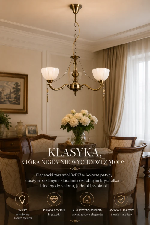 Żyrandol z białymi szklanymi kloszami i patynowym wykończeniem sprawdzi się nad stołem, w salonie oraz sypialni. Ponadczasowy design, miejsce na 3 żarówki E27 oraz eleganckie detale czynią go wyjątkową ozdobą wnętrza.