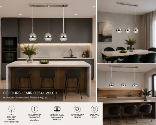 Nowoczesna lampa wisząca COLOURS z trzema kloszami E27 to idealne rozwiązanie do kuchni, jadalni i salonu. Regulowana wysokość, chromowana armatura oraz eleganckie szklane klosze tworzą stylową dekorację współczesnego wnętrza.