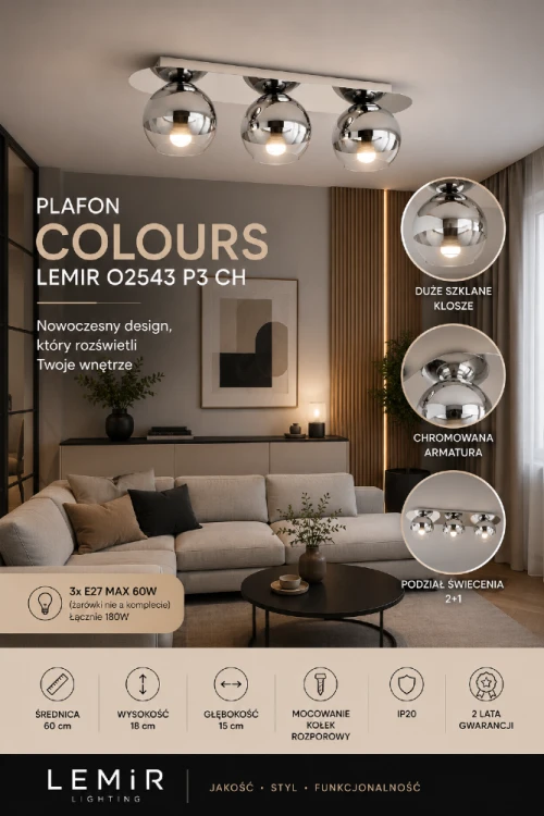 Lampa sufitowa COLOURS O2543 P3 CH marki Lemir łączy funkcjonalność z nowoczesnym stylem. Trzy dekoracyjne klosze ze szkła transparentno-srebrnego skutecznie oświetlają wnętrze i stanowią elegancką ozdobę pomieszczenia.