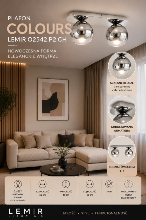 Lampa sufitowa COLOURS O2542 P2 CH marki Lemir łączy nowoczesny styl z funkcjonalnością. Chromowana listwa, lustrzane klosze i kompaktowa wysokość sprawiają, że model idealnie sprawdzi się w nowoczesnych wnętrzach.