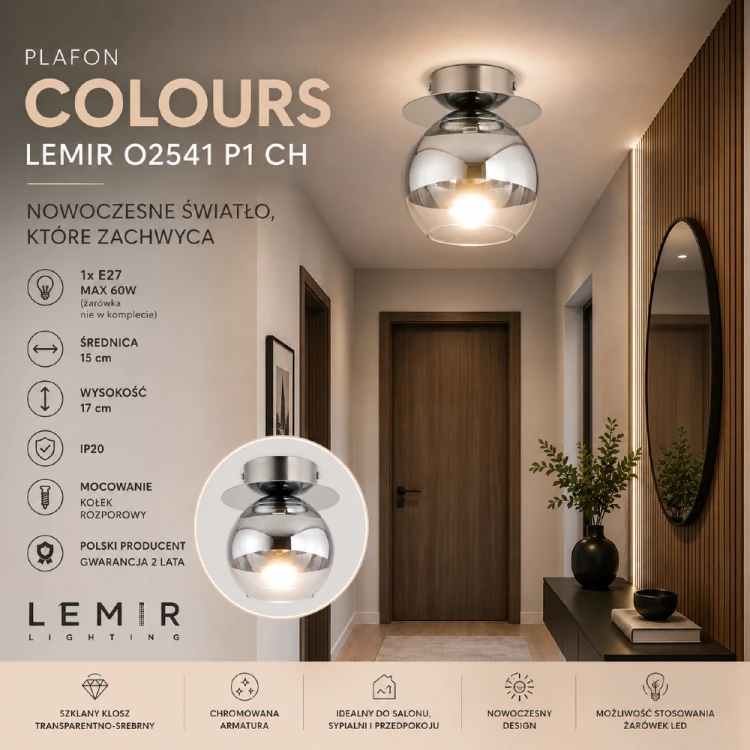 Lampa sufitowa COLOURS O2541 P1 CH marki Lemir to stylowe oświetlenie do współczesnych wnętrz. Transparentno-srebrny klosz pięknie odbija światło, a chromowane wykończenie podkreśla elegancki i nowoczesny charakter oprawy.