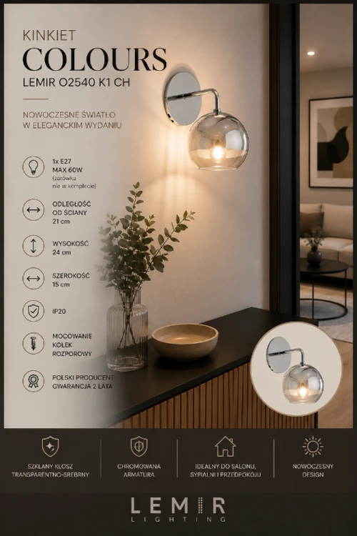Lampa ścienna COLOURS O2540 K1 CH marki Lemir łączy szkło i chrom w eleganckiej formie. Transparentno-srebrny klosz oraz oprawka E27 sprawiają, że kinkiet doskonale komponuje się z nowoczesnymi i glamour aranżacjami.