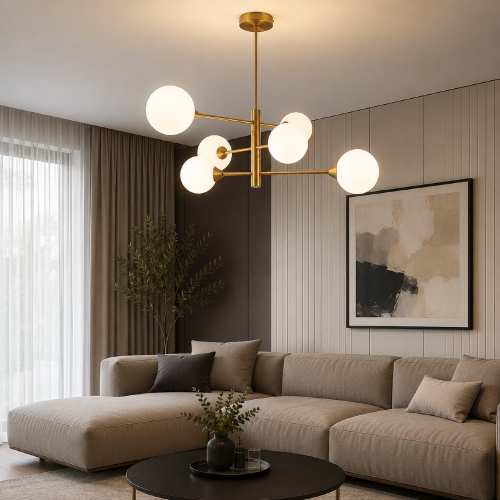 Nowoczesna lampa sufitowa EVORA Italux łączy modny mosiężny stelaż z sześcioma mlecznymi kloszami. Idealna do salonu, jadalni i gabinetu. Designerska forma inspirowana stylem modern classic przyciąga wzrok i zdobi wnętrze