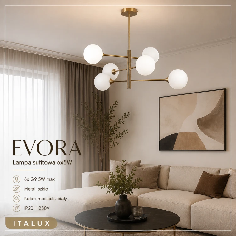 EVORA PND-55342-6-HB to efektowna lampa sufitowa z białymi kulami i konstrukcją w kolorze miodowego mosiądzu. Doskonała do nowoczesnych aranżacji, zapewnia komfortowe oświetlenie i elegancki wygląd pomieszczenia.