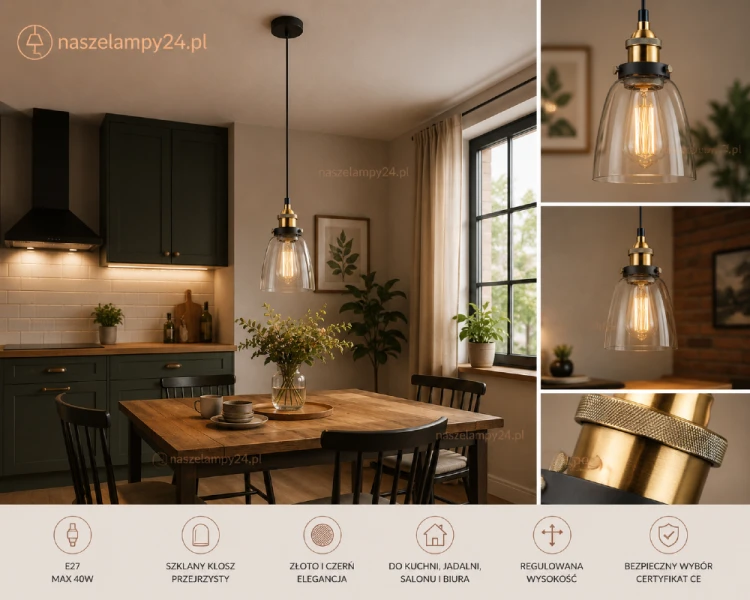 FRANCIS MDM-2563/1 GD+CL to designerska lampa wisząca w stylu loftowym i industrialnym. Przezroczysty klosz eksponuje dekoracyjną żarówkę E27, a regulowana wysokość pozwala dopasować oświetlenie do każdej aranżacji wnętrza.