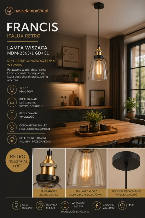 Nowoczesna lampa wisząca FRANCIS Italux zachwyca połączeniem czerni, złota i szkła. Doskonale sprawdzi się nad stołem, blatem roboczym lub wyspą kuchenną. Idealny wybór do wnętrz loftowych, vintage oraz industrialnych.