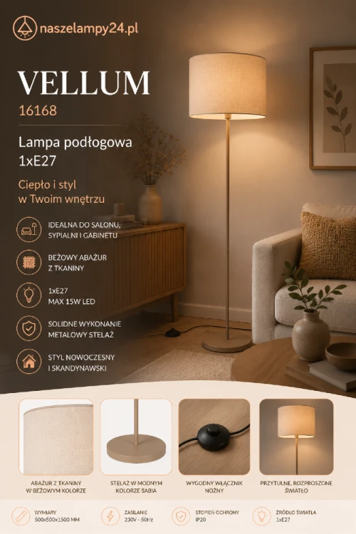 Stylowa lampa podłogowa VELLUM z abażurem z tkaniny doskonale uzupełni wystrój salonu i sypialni. Wysokość 150 cm, oprawka E27 oraz elegancki stelaż w kolorze sabia czynią ją funkcjonalnym i dekoracyjnym elementem wyposażenia.