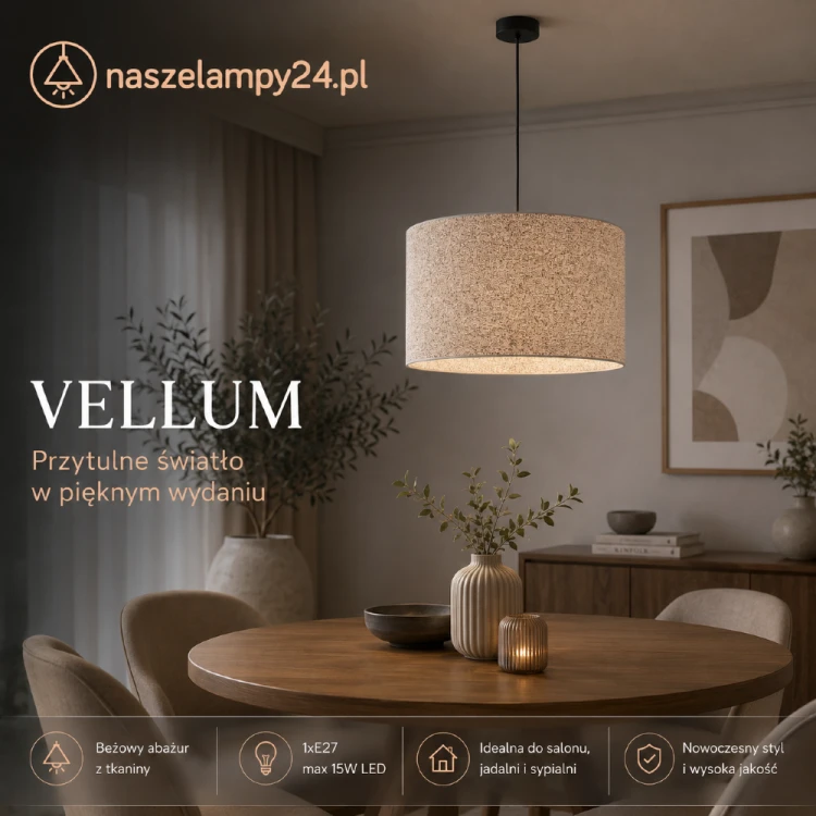 Nowoczesna lampa wisząca VELLUM zachwyca minimalistyczną formą i dekoracyjnym abażurem z tkaniny. Idealna do wnętrz skandynawskich, japandi i modern organic. Zapewnia komfortowe oświetlenie oraz przytulny klimat każdego dnia.