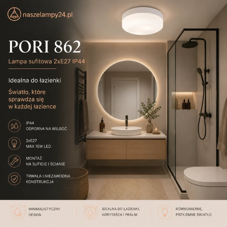 Lampa sufitowa PORI 864 2xE27 łączy minimalistyczny design z funkcjonalnością. Dzięki klasie szczelności IP44 doskonale sprawdzi się w łazience. Możliwość montażu na suficie lub ścianie zwiększa jej uniwersalność