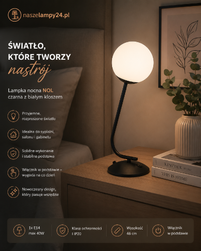 NOL czarna to stylowa lampka stołowa z kulistym kloszem wykonanym z matowego szkła. Doskonale sprawdzi się na stoliku nocnym, komodzie lub biurku. Wygodny włącznik w podstawie oraz oprawka E14 zwiększają komfort codziennego użytkowania.