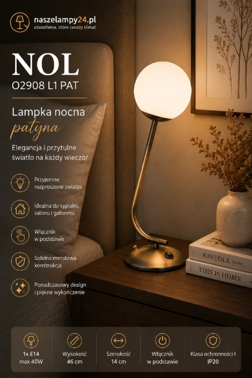 Lampka nocna NOL Lemir w kolorze patyny to wyjątkowe oświetlenie do sypialni i salonu. Smukła konstrukcja, kulisty klosz oraz ciepły charakter wykończenia sprawiają, że model doskonale pasuje do wnętrz klasycznych i vintage.