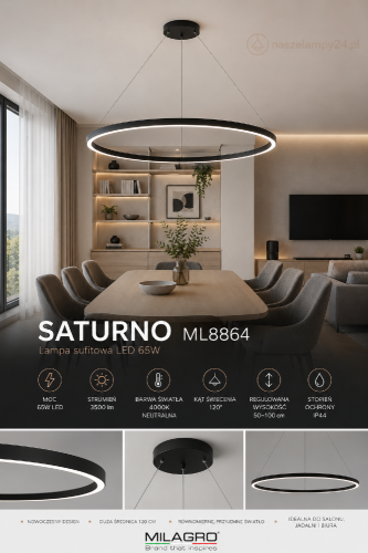 Lampa sufitowa SATURNO 120 cm LED doskonale doświetla duże przestrzenie. Neutralna barwa światła, nowoczesny pierścień i IP44 sprawiają, że pasuje także do nowoczesnej łazienki.