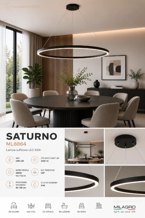 Lampa sufitowa SATURNO 120 cm LED doskonale doświetla duże przestrzenie. Neutralna barwa światła, nowoczesny pierścień i IP44 sprawiają, że pasuje także do nowoczesnej łazienki.