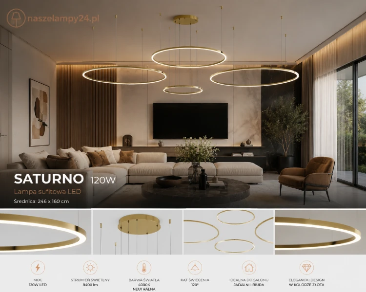 Złota lampa LED SATURNO ML0849 Milagro z czterema efektownymi pierścieniami 120W 5400 lm emituje neutralne światło 4000K. Regulowana wysokość 20–130 cm i zintegrowany, energooszczędny LED czynią ją doskonałym wyborem do dużych salonów, holi i biur.
