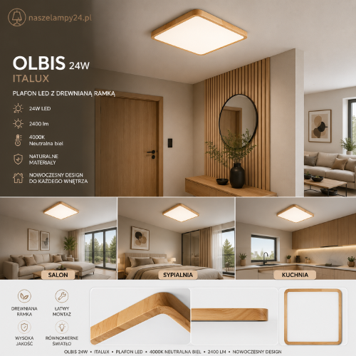Nowoczesny plafon LED OLBIS Italux 30x30 cm łączy naturalne drewno z minimalistycznym designem. Moc 24W, jasność 2900 lm, trzy barwy światła oraz stopień ochrony IP44 sprawiają, że świetnie sprawdzi się w każdym wnętrzu.