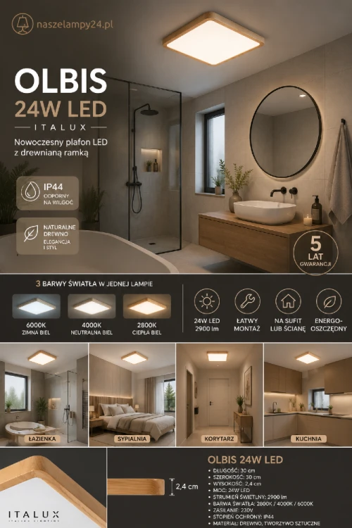 Szukasz plafonu do łazienki lub korytarza? OLBIS 24W LED Italux oferuje wysoką jasność 2900 lm, zmianę barwy światła i elegancką drewnianą ramkę. Niski profil 2,4 cm oraz IP44 gwarantują funkcjonalność i styl.