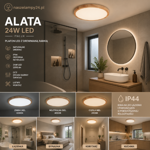Plafon ALATA 24W LED Italux z drewnianą ramką to nowoczesne oświetlenie do łazienki, kuchni i korytarza. Oferuje aż 3800 lm, IP44 oraz możliwość zmiany barwy światła 2800K, 4000K i 6000K. Montaż na suficie lub ścianie.