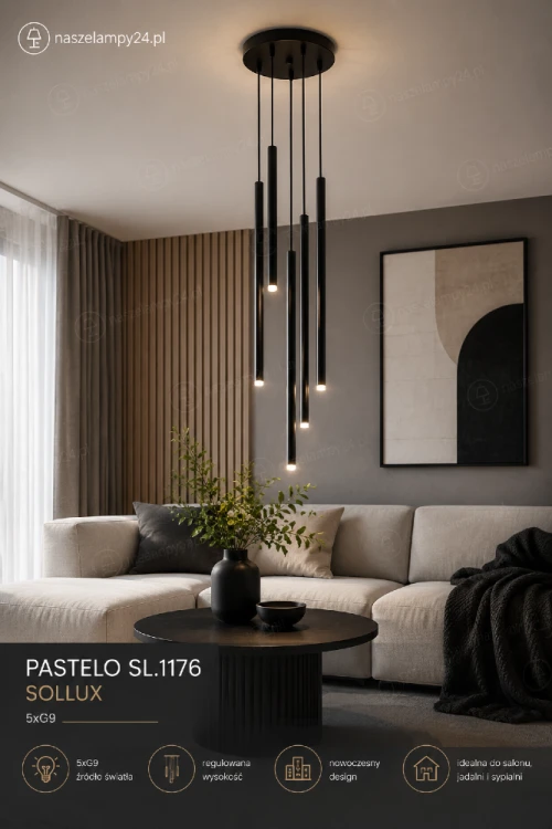 Nowoczesna lampa wisząca PASTELO 5P Sollux zachwyca smukłymi tubami i eleganckim czarnym wykończeniem. Doskonale sprawdzi się nad stołem, wyspą kuchenną oraz w salonie. Możliwość zastosowania energooszczędnych żarówek LED G9.