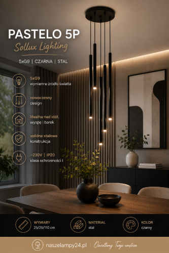 PASTELO 5P w kolorze czarnym to designerska lampa wisząca wykonana ze stali. Pięć punktów świetlnych G9 zapewnia efektowne oświetlenie salonu, jadalni lub kuchni. Idealna do nowoczesnych i industrialnych aranżacji.