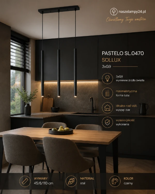Lampa wisząca PASTELO SL.0470 w czarnym kolorze to nowoczesne oświetlenie z trzema smukłymi tubami G9 LED. Minimalistyczny design doskonale sprawdzi się nad stołem, wyspą kuchenną lub barkiem w aranżacjach loft i modern.
