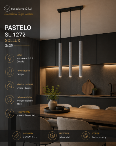 PASTELO 3L beton Sollux to designerska lampa wisząca z trzema betonowymi tubami. Minimalistyczna forma doskonale pasuje do nowoczesnych, loftowych i industrialnych aranżacji. Idealna do jadalni, kuchni, salonu oraz nad wyspę kuchenną.