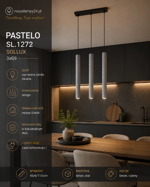 PASTELO 3L beton Sollux to designerska lampa wisząca z trzema betonowymi tubami. Minimalistyczna forma doskonale pasuje do nowoczesnych, loftowych i industrialnych aranżacji. Idealna do jadalni, kuchni, salonu oraz nad wyspę kuchenną.