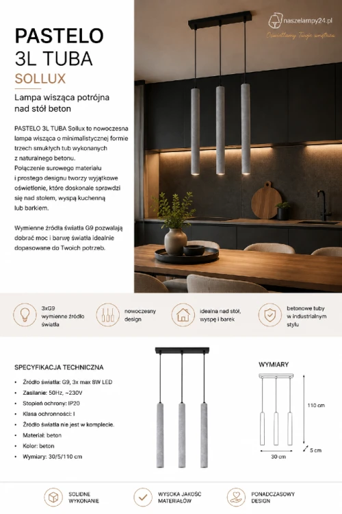 Nowoczesna lampa wisząca PASTELO 3L wykonana z naturalnego betonu zachwyca prostą formą i industrialnym charakterem. Trzy źródła światła G9 skutecznie oświetlają stół lub blat roboczy, tworząc wyjątkowy klimat wnętrza.