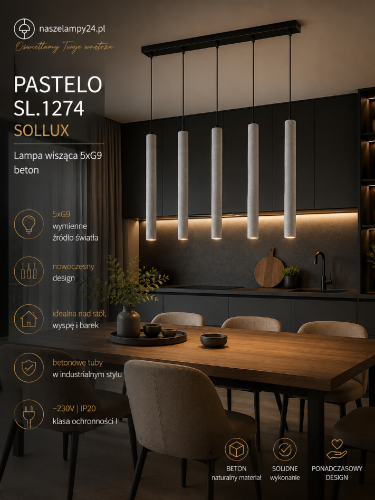 PASTELO 5L beton Sollux to designerska lampa wisząca z pięcioma betonowymi tubami. Minimalistyczna forma i surowa estetyka doskonale pasują do nowoczesnych wnętrz. Idealna do kuchni, jadalni, salonu oraz przestrzeni loftowych.