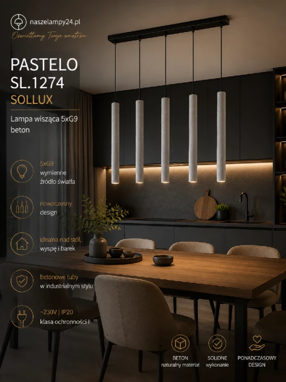 PASTELO 5L beton Sollux to designerska lampa wisząca z pięcioma betonowymi tubami. Minimalistyczna forma i surowa estetyka doskonale pasują do nowoczesnych wnętrz. Idealna do kuchni, jadalni, salonu oraz przestrzeni loftowych.