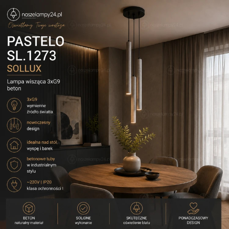 PASTELO 3xG9 beton Sollux zachwyca minimalistycznym designem i surową estetyką betonu architektonicznego. Trzy punkty świetlne doskonale sprawdzą się w jadalni, salonie lub kuchni, tworząc wyjątkowy klimat nowoczesnego wnętrza.