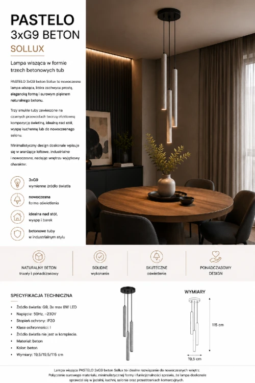 PASTELO SL.1273 beton marki Sollux to elegancka lampa wisząca do nowoczesnych wnętrz. Trzy smukłe tuby, surowa struktura betonu i możliwość zastosowania żarówek LED G9 sprawiają, że model łączy funkcjonalność z wyjątkowym stylem.