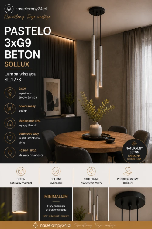 Nowoczesna lampa betonowa PASTELO SL.1273 to idealny wybór do loftowych i industrialnych aranżacji. Trzy betonowe tuby zawieszone na różnych wysokościach tworzą designerską dekorację i zapewniają funkcjonalne oświetlenie przestrzeni.