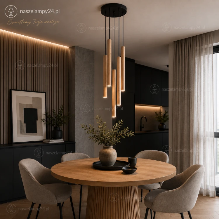 Drewniana lampa wisząca PASTELO 5L Sollux to doskonały wybór do nowoczesnych wnętrz. Smukłe tuby i minimalistyczna forma sprawiają, że model idealnie prezentuje się nad stołem, barkiem lub wyspą kuchenną