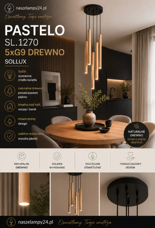 PASTELO SL.1270 to stylowa lampa wisząca wykonana z naturalnego drewna. Pięć punktów świetlnych G9 oraz nowoczesny design czynią ją idealnym rozwiązaniem do jadalni, salonu, kuchni i wnętrz inspirowanych stylem japandi.