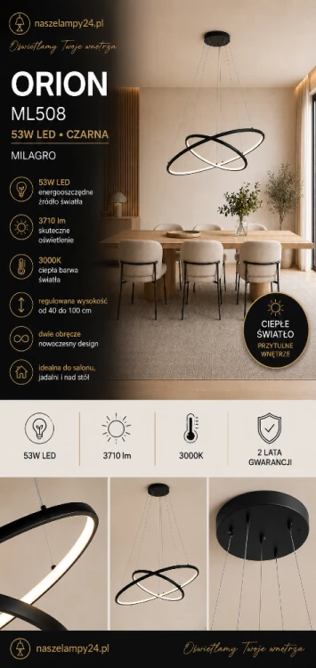 ORION ML508 marki Milagro to designerska lampa LED z dwiema przecinającymi się obręczami. Oferuje moc 53W, strumień 3710 lm i ciepłe światło 3000K. Idealnie sprawdzi się nad stołem, wyspą kuchenną lub w salonie.