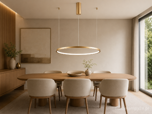 Złota lampa wisząca VINOLA 38W LED to elegancki Ring do nowoczesnych wnętrz. Zmiana barwy 3000K/4000K, strumień 1300 lm i regulacja jasności TRIAC pozwalają dopasować oświetlenie do wypoczynku, posiłku lub pracy