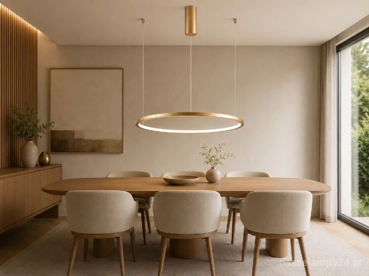 Złota lampa wisząca VINOLA 38W LED to elegancki Ring do nowoczesnych wnętrz. Zmiana barwy 3000K/4000K, strumień 1300 lm i regulacja jasności TRIAC pozwalają dopasować oświetlenie do wypoczynku, posiłku lub pracy