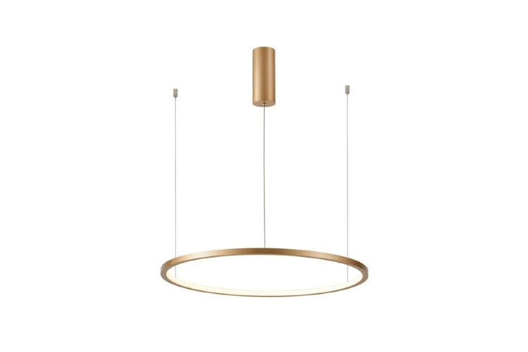 Nowoczesna lampa sufitowa VINOLA 38W LED złota Ring pasuje do salonu, jadalni i kuchni. Pojedyncza obręcz Ø66 cm emituje 1300 lm, umożliwia zmianę barwy 3000K/4000K oraz ściemnianie za pomocą kompatybilnego systemu TRIAC.