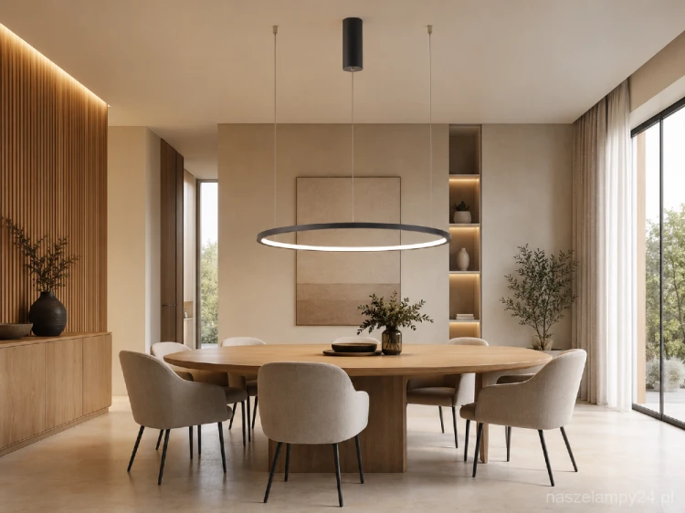 VINOLA Italux to minimalistyczna lampa sufitowa LED w formie czarnego ringu Ø80 cm. Moc 48W, 1600 lm i zmiana barwy 3000K/4000K pozwalają dopasować światło do wypoczynku lub pracy. Doskonała do salonu i nad stół.