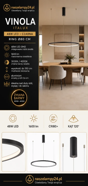 Czarna lampa wisząca VINOLA 48W LED zachwyca pojedynczą obręczą o średnicy 80 cm. Strumień 1600 lm, dwie barwy światła 3000K i 4000K oraz szeroki kąt świecenia 120° zapewniają funkcjonalne oświetlenie wnętrza.