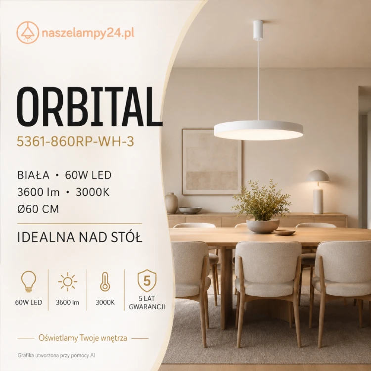 ORBITAL Italux to nowoczesna biała lampa LED z piaskowaną oprawą i mlecznym dyfuzorem. Średnica 60 cm, moc 60W i strumień 3600 lm sprawdzą się nad dużym stołem, wyspą kuchenną lub w przestronnym salonie.