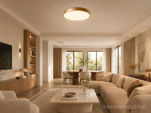 Złota lampa sufitowa ORBITAL 5361-860RC-GD-3 to nowoczesny plafon montowany bezpośrednio przy suficie. Moc 60W, strumień 3600 lm i ciepła barwa 3000K zapewniają wydajne oświetlenie oraz przytulną atmosferę.