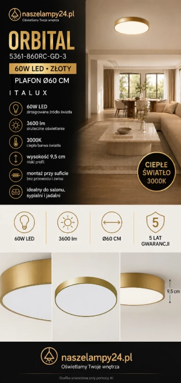 ORBITAL Italux to elegancki złoty plafon LED o średnicy 60 cm. Wysokość zaledwie 9,5 cm, moc 60W i strumień 3600 lm sprawiają, że świetnie sprawdzi się w przestronnym salonie, jadalni, sypialni lub gabinecie.