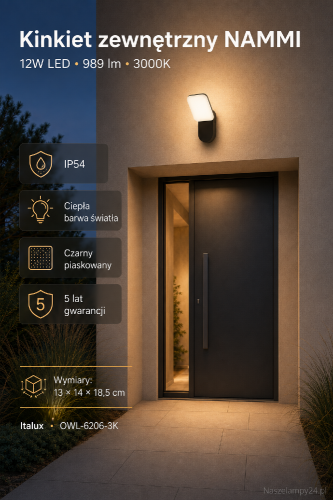 Nowoczesny kinkiet elewacyjny NAMMI 12W LED w kolorze czarnym. Ciepła barwa 3000K i strumień 989 lm zapewniają przyjemne oświetlenie wejścia, tarasu lub balkonu. Model Italux OWL-6206-3K ma ochronę IP54 i 5 lat gwarancji.