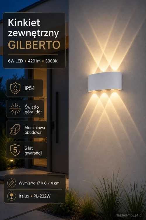 Nowoczesna lampa zewnętrzna GILBERTO Italux w białym kolorze subtelnie podkreśli elewację domu. Zintegrowany moduł LED 6W zapewnia 420 lm i ciepłe światło 3000K. Kinkiet świeci góra–dół, ma ochronę IP54 i CRI 80+.
