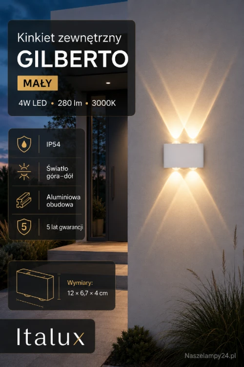 Nowoczesna lampa zewnętrzna GILBERTO Italux w kompaktowej wersji o wymiarach 12 × 6,7 × 4 cm. Kinkiet LED 4W emituje 280 lm i ciepłe światło 3000K. Biała aluminiowa oprawa ma ochronę IP54 i gwarancję 5 lat.