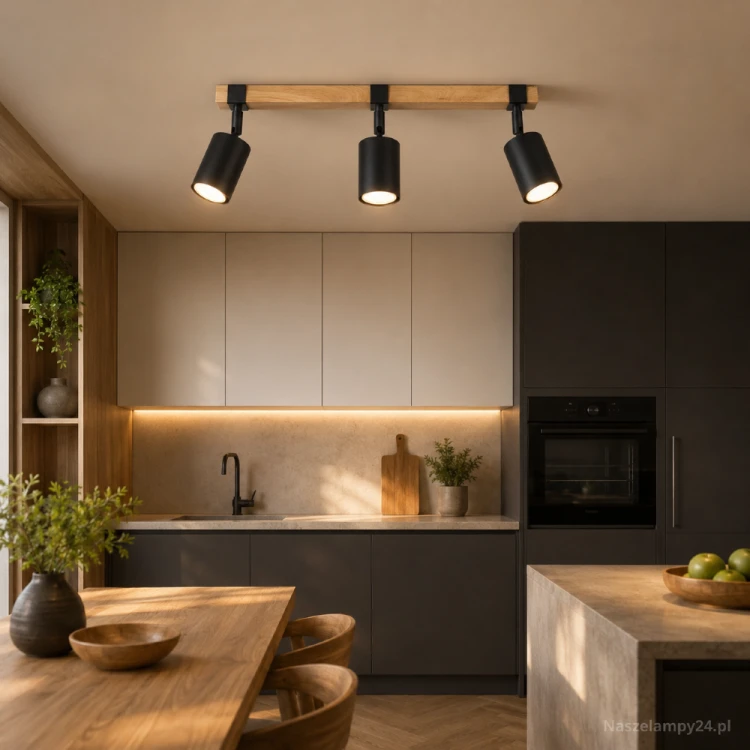 Czarny plafon FAGER Sollux z drewnianą listwą i trzema regulowanymi reflektorami GU10. Lampa sprawdzi się w kuchni, jadalni, salonie lub przedpokoju. Wymiary: 54 × 6 × 17,2 cm. Maksymalna moc: 3 × 10W LED. IP20.